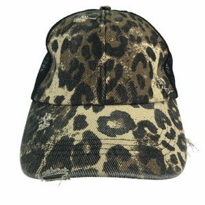 Womens Ponytail Hat Distressed Animal Print Leopard Cheetah Black Mesh NEW